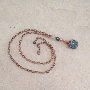 Teal Blue & Copper Statement Necklace ~ Uniquely Wire Wrapped Apatite Pendant